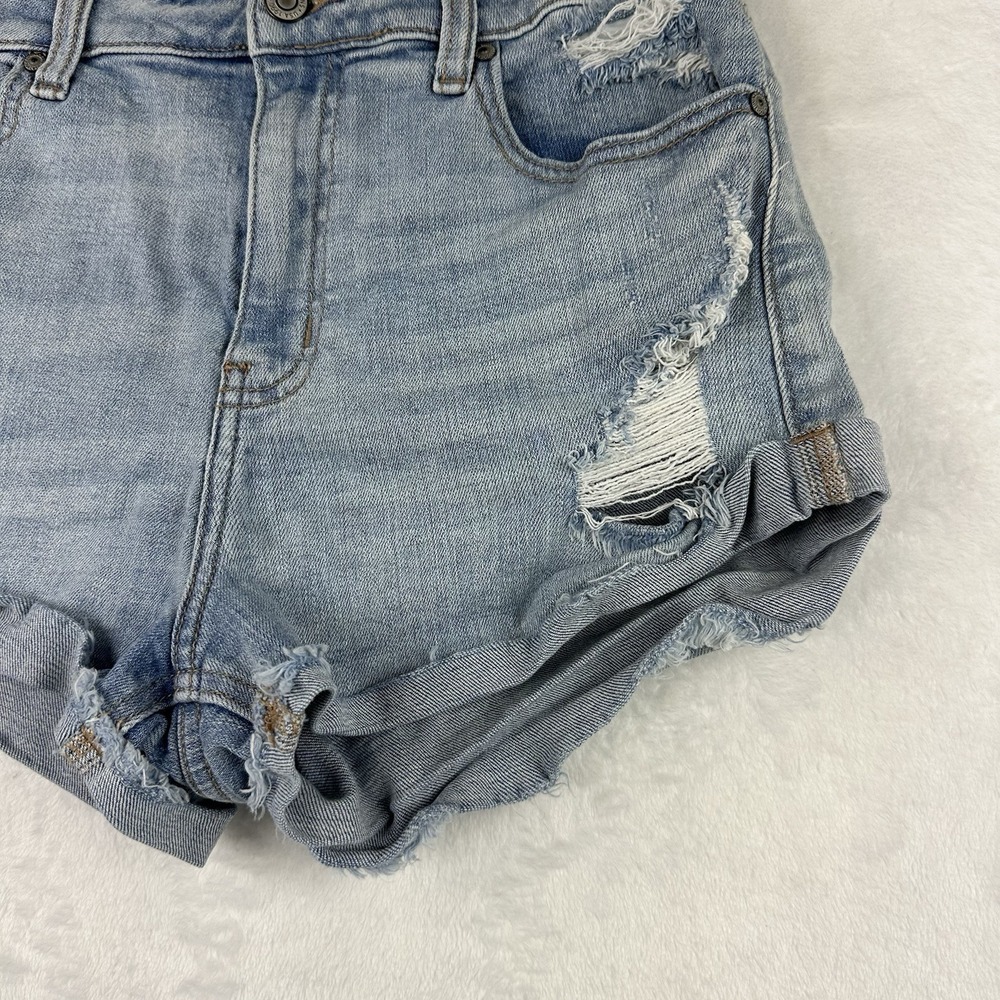 Eunina Womens Size M Kara Super High Rise Raw Hem Blue Jean High Low Roll Shorts - Picture 3 of 15